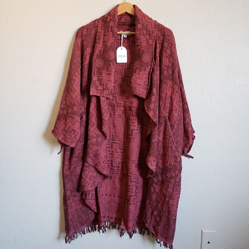 Passage Gauzy Cotton Jacquard Waterfall Open Cardigan Fringe Burgundy One Sz NEW